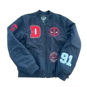 Marvel Deadpool Black Bomber Jacket Patchwork Patches Men's Large Zipper Y2K